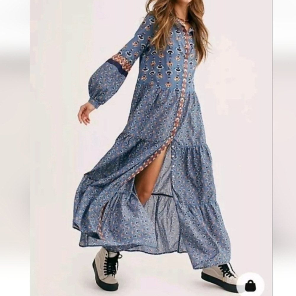 Free People blue Papillon all-over print maxi boho tiered dress Sz Small